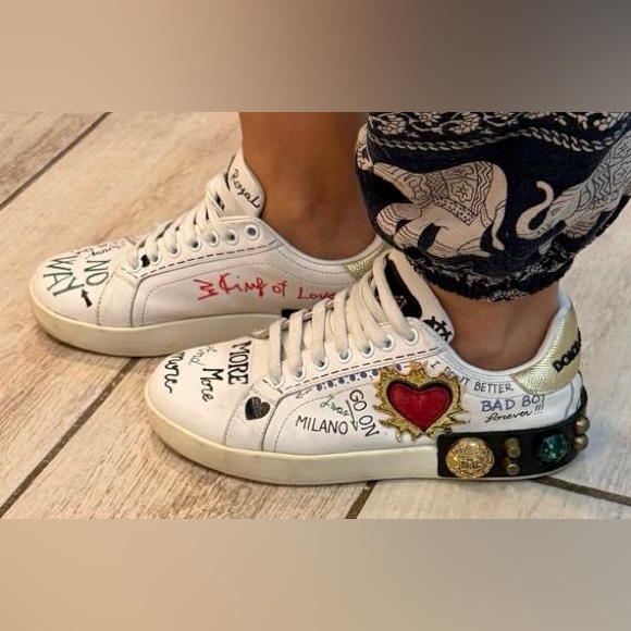 DOLCE & GABBANA DG Logo Heart Pearl Logo Low Top Sneaker PORTOFINO White Gold 7W - Picture 5 of 13